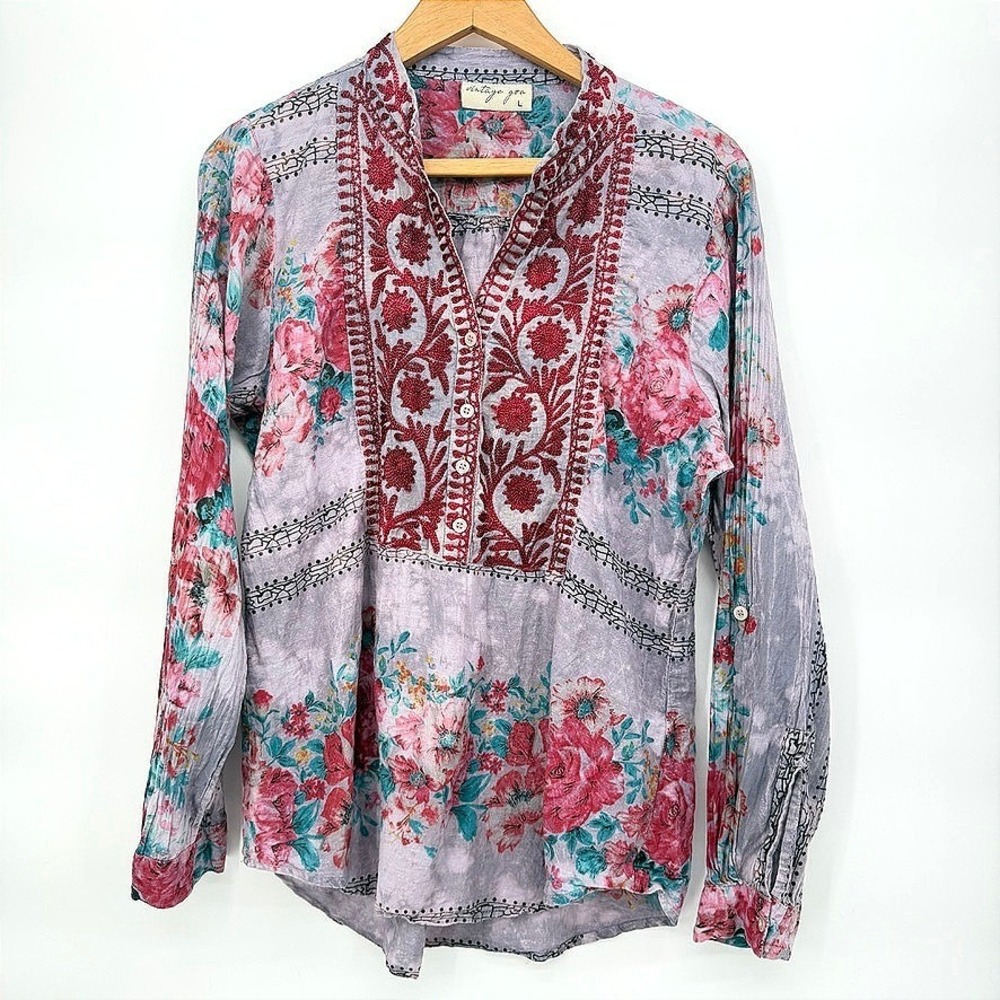 Vintage Goa Floral Embroidered Button Down Gauze Tunic Peasant‎ Top Size LG Boho